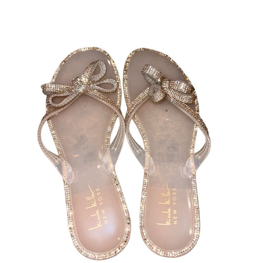 Nicole‎ Miller pink and gold bejeweled flip flops women’s size 8